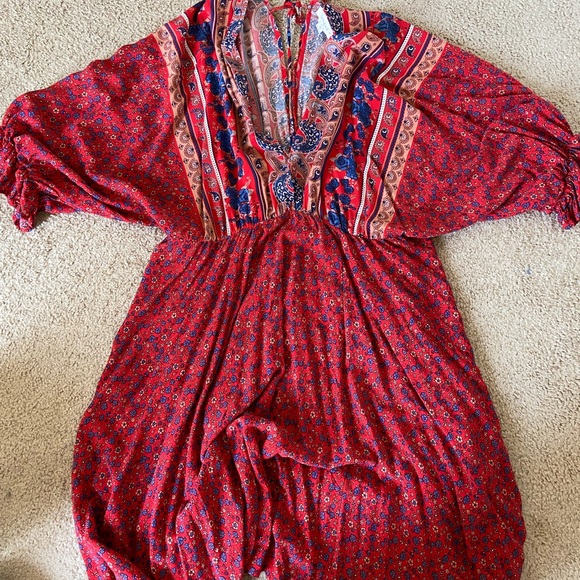 Umgee Red Bohemian V-Neck Dress with Blue and Orange Accents size 1X - Picture 3 of 9
